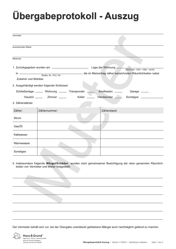 Übergabeprotokoll bei Auszug