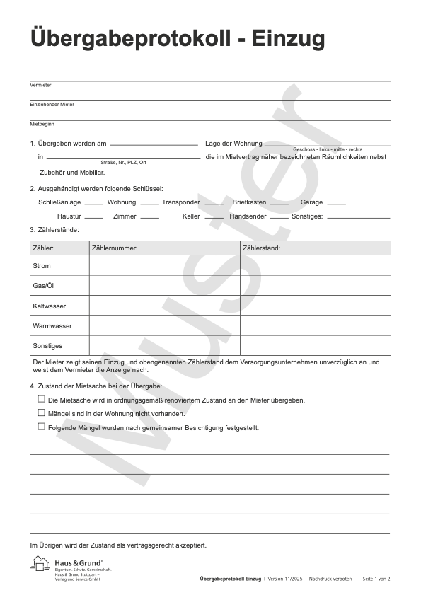 Übergabeprotokoll bei Einzug
